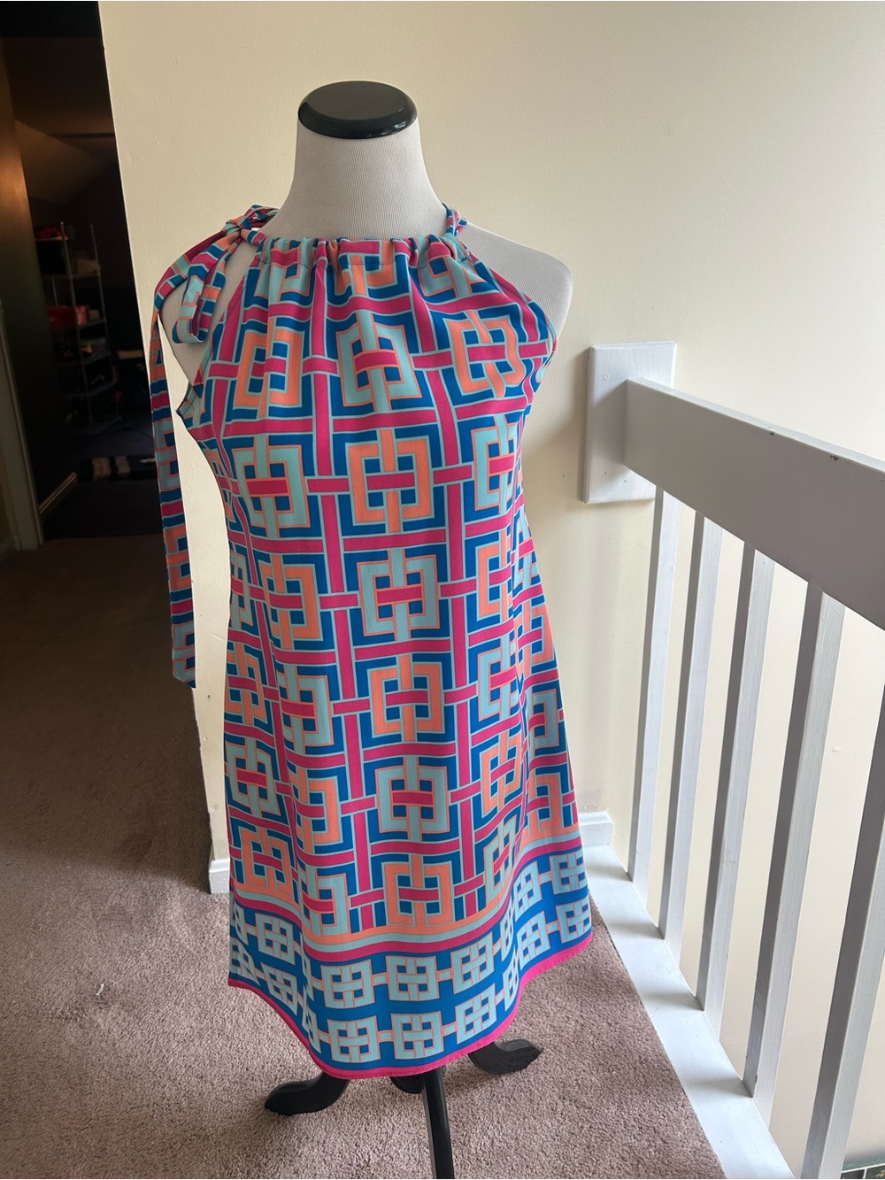 crown & ivy Pink and Blue Geometric Halter Dress